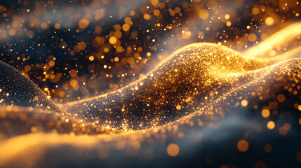 Poster - Shimmeringolden particles dance in flowing waves of light and texture.
