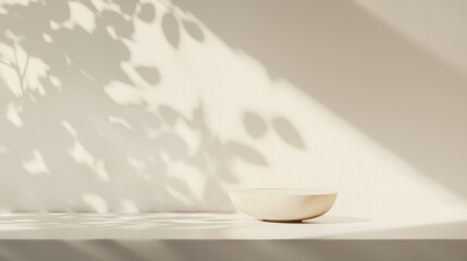 Poster - Minimalist White Bowl on a Table with Soft Shadows from Leaves in Natural Light