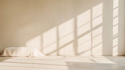 Poster - Soft Natural Light Illuminates Minimalist Room with Elegant Fabric and Shadows on Neutral Wall Surface