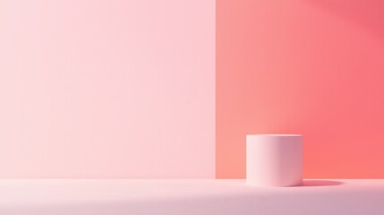 Poster - Minimalist Geometric Display with Round Cylinder on Soft Pink and Coral Background for Modern Design Concepts