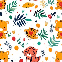 Wall Mural - Cute Tiger Pattern with Tropical Elements and Playful Colors