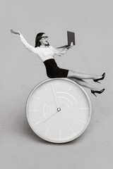Poster - Vertical collage image of excited black white colors mini girl sitting huge wall watch use netbook isolated on creative background
