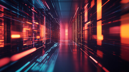 Poster - Brightly lit corridor with abstract neon patterns in a futuristic environment.