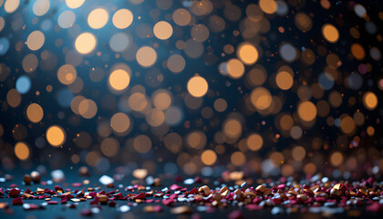 Poster - Abstract festive background featuring colorful geometric shapes scattered on a dark surface, with soft, glowing bokeh lights creating a dreamy and celebratory atmosphere.