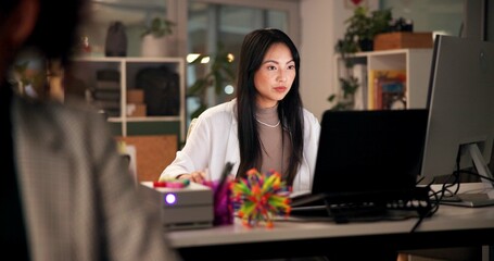 Aufkleber - Night, woman and laptop in office for web design, planning or software development in coworking space. Programmer, deadline or tech in digital agency for schedule, research and developer for coding