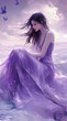 © mbah - A serene woman in a flowing purple dress sits thoughtfully by the water, surrounded by soft clouds.