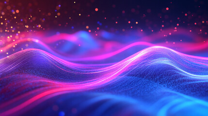 Poster - Colorful abstract waves withlowing particles in a digital landscape.