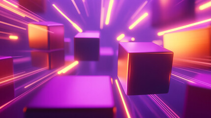 Poster - Digital cubes moving through a vibrant purple and orange space.
