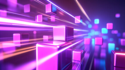 Poster - Colorful cubeslowing in a digital space with vibrant light trails.