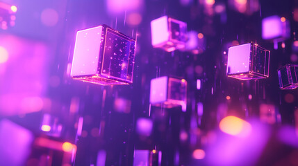Poster - Floating purple blocks creating an abstract digital landscape.