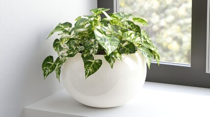 Wall Mural - Lush green and white variegated plant in a round white pot sits on a windowsill.