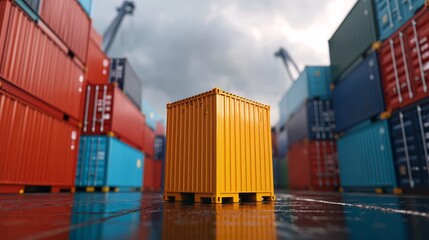 Wall Mural - A vibrant yellow shipping container stands out amidst a sea of colorful containers, set against a moody sky.