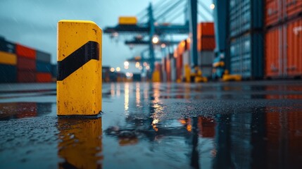 Wall Mural - A vibrant yellow bollard stands prominently in a rainy shipping yard, reflecting the colorful containers and cranes in the background.