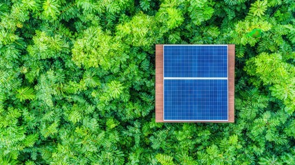 Wall Mural - Aerial view of solar panels on a wooden platform amid lush greenery.