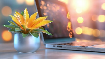 Wall Mural - Yellow plant in pot beside laptop on desk.