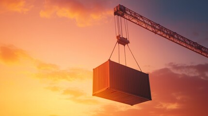 Wall Mural - A crane lifts a shipping container against a vibrant sunset sky, showcasing industrial activity and transportation.