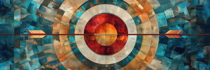 Poster - vibrant target design featuring concentric circles and an arrow on a colorful abstract background. g