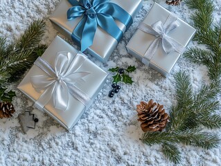 elegant, minimalist holiday gift wrapping with silver and blue ribbons, arranged on a textured snowy