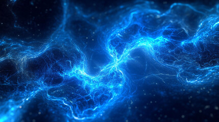 Poster - Vibrant blue abstract energy pattern with flowing waves and starry background.