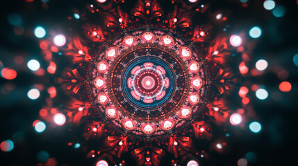 Poster - Vibrant mandala pattern illuminated with bright colors in dark background.