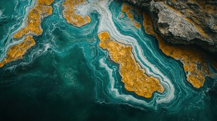  Aerial view of turquoise ocean water with yellow algae.