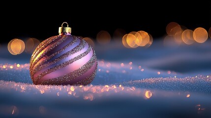 Wall Mural - Pink Christmas bauble in snow with bokeh lights.