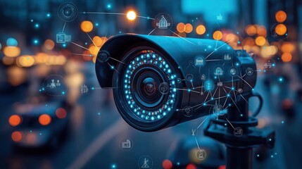 Poster - modern security camera displays urban surveillance system. network connections link camera to variou