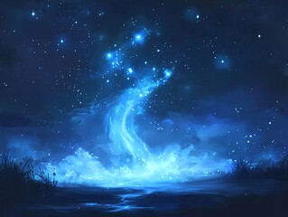 mystical blue nebula swirls in a starlit night, creating a dreamy, ethereal landscape.