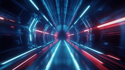 Poster - Futuristic tunnel with blue and red light streaks creating a dynamic atmosphere.