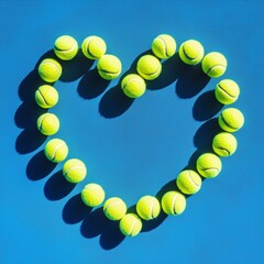 A heart shape made of tennis balls on a blue background