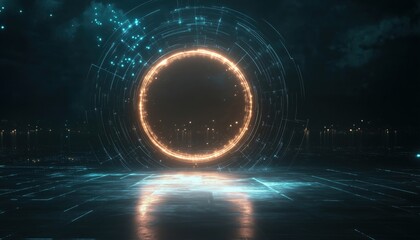 Poster - Abstract Neon Light Technology In Dark Night: Virtual Reality Cyber Futuristic Sci-Fi Street Floor Studio With Empty Space Scene And Spotlight. Bold Geometric Design.