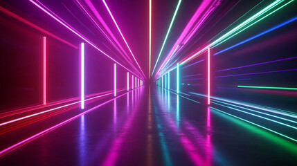 Poster - Bright neon lights create a dazzling corridor in vibrant colors at night.