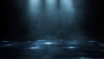 Poster - Neon Light Technology Abstract: A Dark Night Scene With Virtual Reality And Cyber Futuristic Vibes, Featuring An Empty Space, Spotlight, And Geometric Elements.