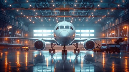 Poster - A large commercial airplane undergoing high-tech maintenance inside a spacious, well-lit aircraft hangar.