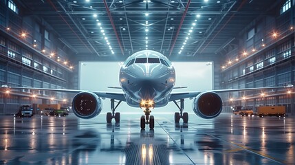 Poster - A large commercial airplane undergoing high-tech maintenance inside a spacious, well-lit aircraft hangar.