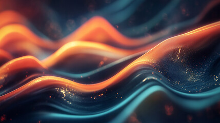 Poster - Vibrant fluid waves in a dark background withlowing orange and blue hues.