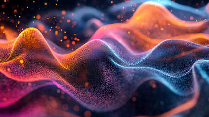 Poster - Colorful abstract waves withlowing particles in a dynamic composition.
