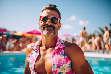 Wall Mural - Portrait of a handsome mature man wearing sunglasses standing by the swimming pool