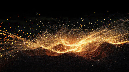 Poster - Artistic representation ofolden waves and sparkling particles in dark setting.