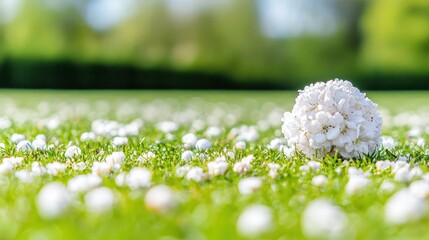 Wall Mural - White flower blossom ball on green grass with petals.