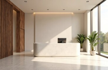 Minimalist reception interior lobby with desk and pc computer, information center. Registration and office check-in space in company or hotel lobby. Mock up empty copy space wall