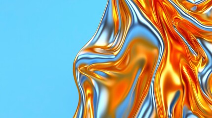 Wall Mural - Abstract Gold and Silver Liquid Metal Flowing Drape on Blue Background