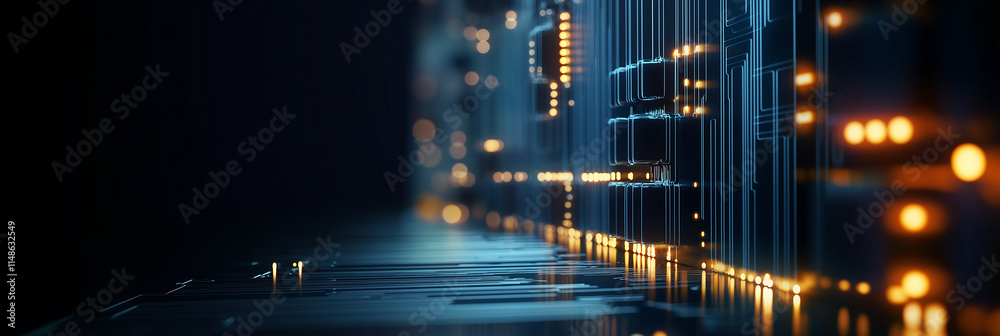 Futuristic server room glowing with data transferring: complex ...
