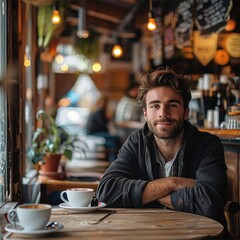 Wall Mural - A man is sitting in a cafe.