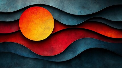 Poster - A vibrant abstract design featuring a bright sun against wavy red and blue textures, creating a dynamic visual experience for creative projects.