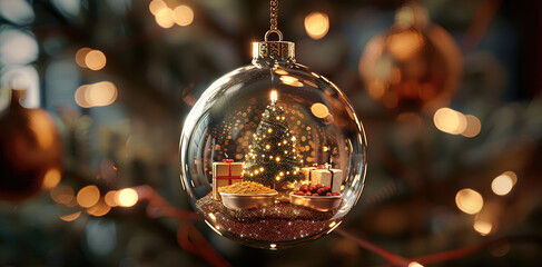 Aufkleber - A shiny Christmas tree ornament with a transparent surface, hanging on a Christmas tree. Inside the ornament, there are miniature versions of holiday products like wrapped gifts, and decorations.