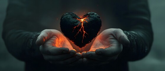 Aufkleber - Fiery Heart in Hands Symbolizing Passion and Emotion, Portraying Contrast Between Darkness and Light with Glowing Lava-Like Elements Creating a Captivating Visual Experience