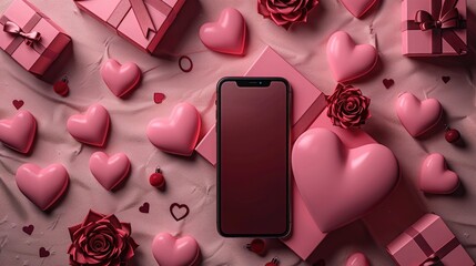 Poster - Smartphone Mockup Valentine Theme Love Heart Shape and Gift Box 3D Rendering.