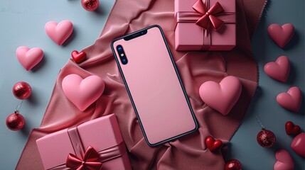 Poster - Smartphone Mockup Valentine Theme Love Heart Shape and Gift Box 3D Rendering.