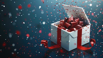 Poster - An open gift box with a red ribbon, confetti flying out of it on a dark blue background, vector illustration. Simple design with simple lines, flat illustrations.